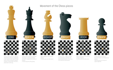 A chess board with the pieces labeled King, Queen, Bishop, Knight, Rook and Pawn, and below how each piece moves.