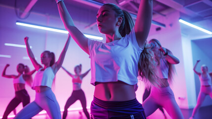 Group of women participating in a fitness dance class, illuminated by vibrant neon lights. They are...