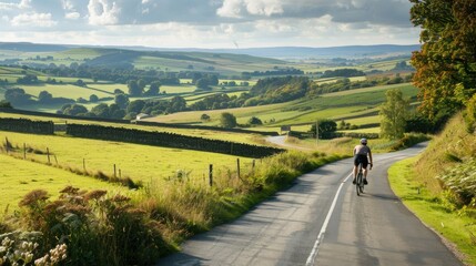 A cyclist riding along a winding road through a scenic countryside, with fields stretching into the distance. 