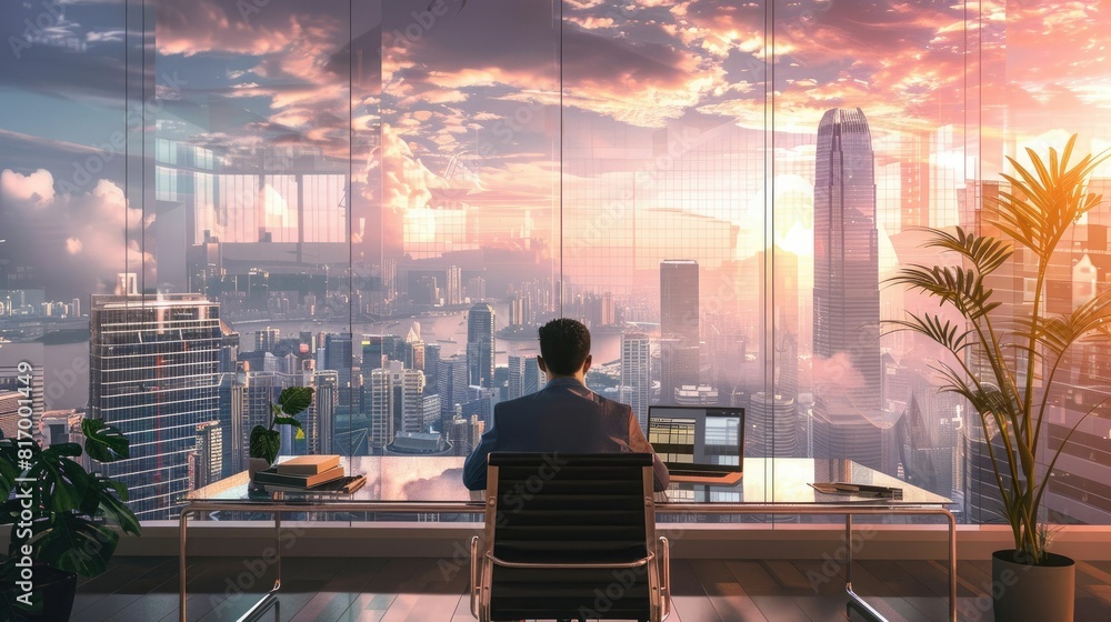 Poster a businessman working on a laptop at a sleek, modern desk with a panoramic city skyline visible thro