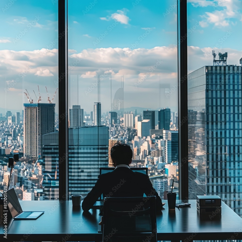 Poster a businessman working on a laptop at a sleek, modern desk with a panoramic city skyline visible thro