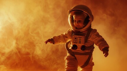 Baby wearing a space helmet and suit, cheerfully walking in zero gravity, close up on joyful movement, theme of playful discovery, hyper-realistic, Silhouette, Mars backdrop