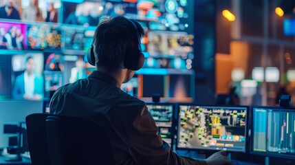 Broadcast producer directing live feeds on multiple monitors, focus on orchestration, theme of media production, realistic, Composite, broadcast studio backdrop