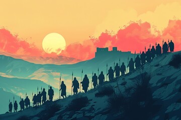 A minimalist graphic depiction of the historic event showcasing the Jewish army marching around Jericho, portrayed with clean lines and abstract forms, capturing the essence of the ancient biblical 