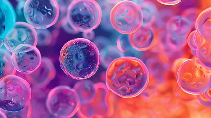 Colorful interpretation of stem cells under high magnification, close up on vibrant hues, theme of medical research, dynamic, Composite, scientific lab backdrop