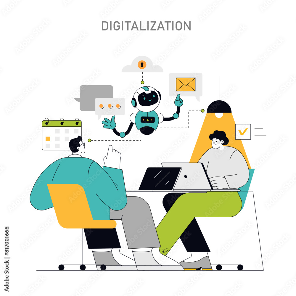 Poster digitalization concept professionals leverage technology and robotics for efficiency, showcasing the