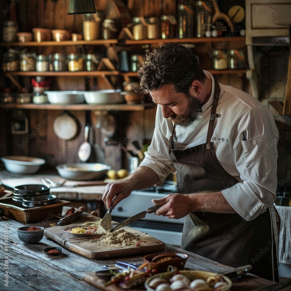 Poster a chef preparing ingredients on a wooden cutting board in a rustic kitchen, with shelves of spices a