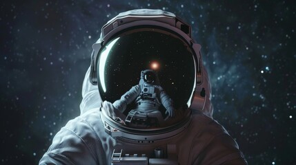 Cute baby astronaut taking small steps in outer space, close up on the helmet reflection, concept of early exploration, hyper-realistic, Manipulation, starry space backdrop