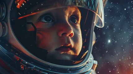 Cute baby astronaut taking small steps in outer space, close up on the helmet reflection, concept of early exploration, hyper-realistic, Manipulation, starry space backdrop