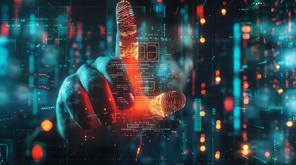 Cybersecurity analyst scanning through data with finger swipes, close up on glowing fingerprints, theme of digital security, surreal, Double exposure, high-tech office backdrop
