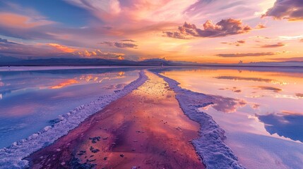 Drone view of salt lagoons during sunset, highlighting shimmering reflections, concept of day's end at salt flats, high-res, Multilayer, twilight sky backdrop