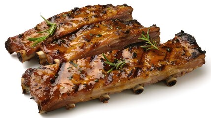 Grilled ribs on a white background. Enjoy the tantalizing sight of these expertly grilled ribs, their succulent texture and rich color contrasting beautifully with a white backdrop.