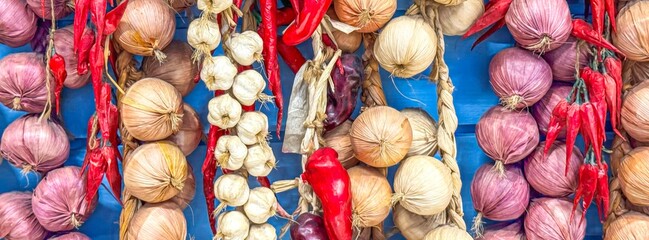 Food banner with rows of garlic and chili peppers against vibrant blue backdrop, creating bold and...