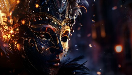 A dark and mysterious Venetian carnival mask backdrop, suitable for theatrical or festive events, highlighting the elegance and tradition of Venetian culture