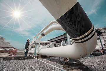 Male worker inspection at steel long pipes and pipe elbow in station oil factory during refinery...