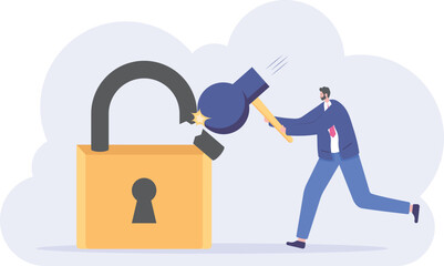 A concept of security breaches. hacking of security and protection systems. stealing user data and information. A thief or hacker who forcefully opens the lock. cyber crime. illustration concept

