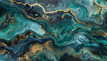 Obraz premium An abstract texture of blue marble with gold accents and dark paint swirls, set against a backdrop of silver and green for a luxurious feel
