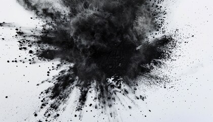 Obraz premium An explosion of black charcoal powder against a white background, creating an intense burst effect, suitable for dramatic and abstract art presentations