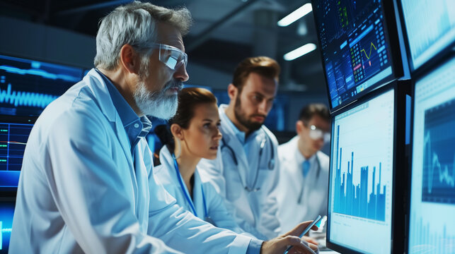 A team of scientists and medical professionals in laboratory coats review data and graphs on multiple monitors, focusing on analysis and research within a high-tech lab environment.