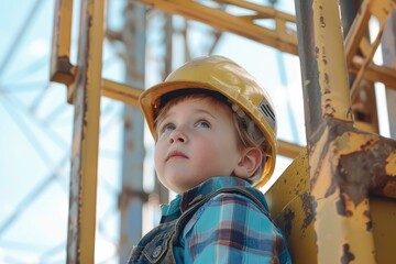 Young child wearing a safety helmet looks up thoughtfully at a construction site