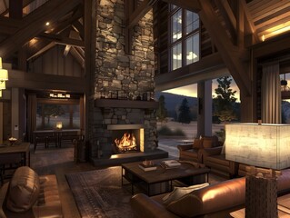 Rustic Living Space with Stone Fireplace A Cozy Retreat Amidst Rolling Hills and Forest
