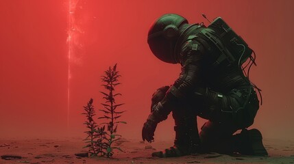 Fototapeta premium Astronaut exploring and collecting distinctive flowers in mesmerizing alien habitat