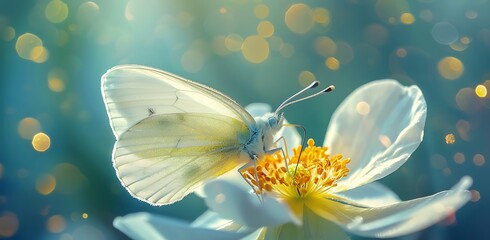 Beautiful butterfly on anemone flower with blue background banner, macro photo of yellow stamens...