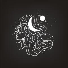 Fairy girl with space hair. Astrology and astronomy Business concept, fortune tellers, predictions, horoscope. Logo vector illustration. Witchcraft, spirituality.Monochrome