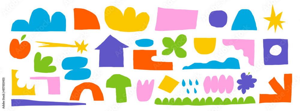 Poster set of cut out shapes elements, vector paper abstract rough flower and nature doodle. organic backgr