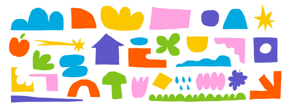 Set of cut out shapes elements, Vector paper abstract rough flower and nature doodle. Organic background with simple and naive icons. New bold and trendy forms.