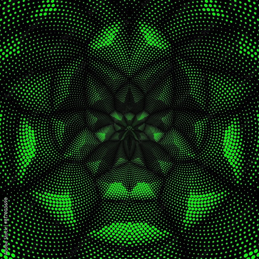 Poster neon green halftone circular dot and spot pattern based on connected pyramid shapes viewed from abov