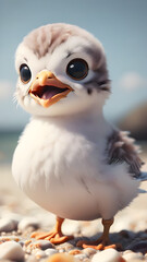 A seagull, with white feathers and a yellow beak, soars above the beach and a rocky coastline