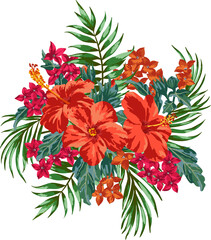 Bouquet of tropical flowers and leaves. Plumeria, hibiscus, monstera, palm. Summer illustration.