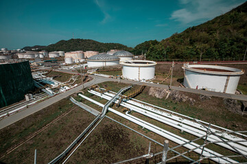 Oil refinery plant from industry zone, Aerial view tank oil and gas petrochemical industrial,...