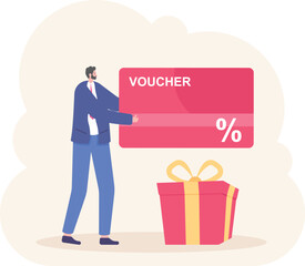 discount gift vouchers. loyalty programs. gifts for loyal customers. claim prize. a female shopper gets a free discount voucher from a gift box. illustration element design. graphic elements

