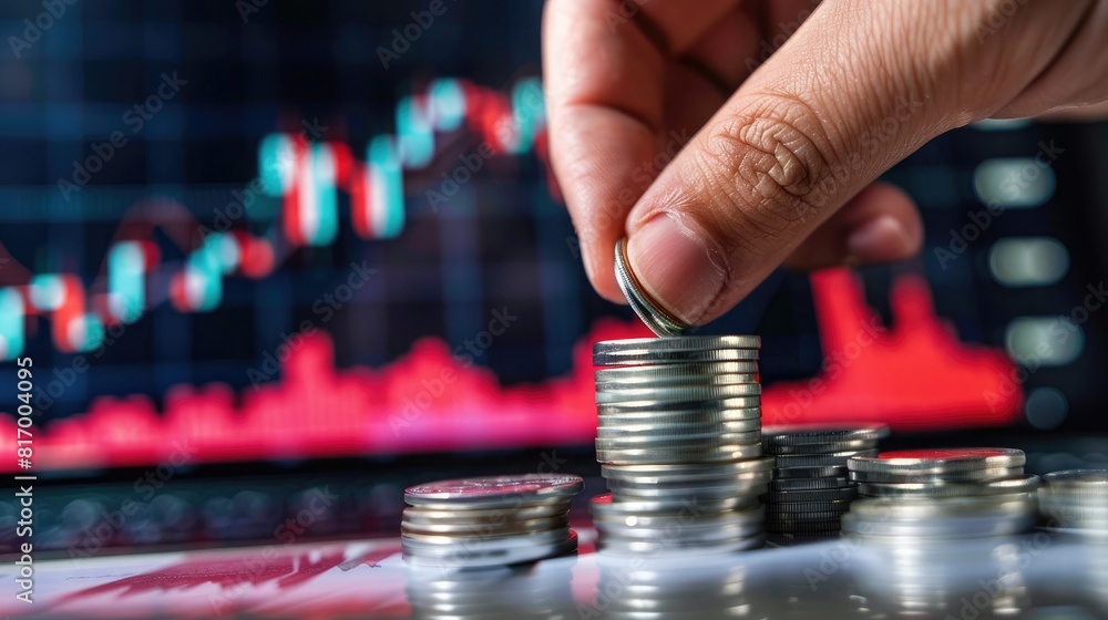 Poster a businessman's hand placing a silver coin on top of a growing stack, with a bullish trading chart i
