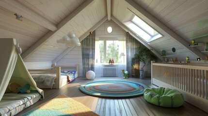 Bright and cozy children's attic bedroom with wooden walls and ceiling. The room features a bed, a crib, a play tent, toys, and a window letting in natural light.