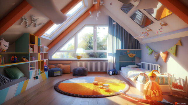 Bright and cheerful children's room in an attic space with slanted ceiling and large windows. Colorful decorations, toys, and storage spaces create a playful environment.