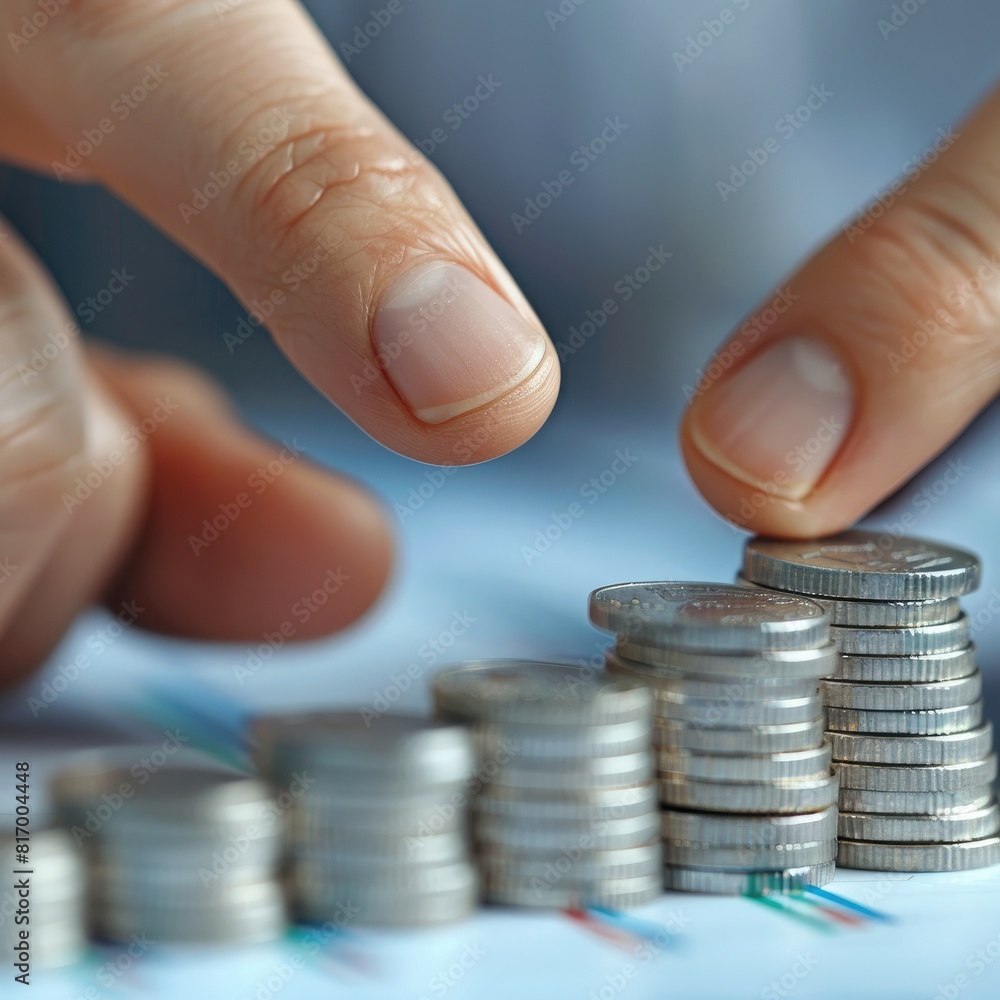 Poster a financial advisor pointing to a positive trend on a trading chart next to a stack of silver coins,