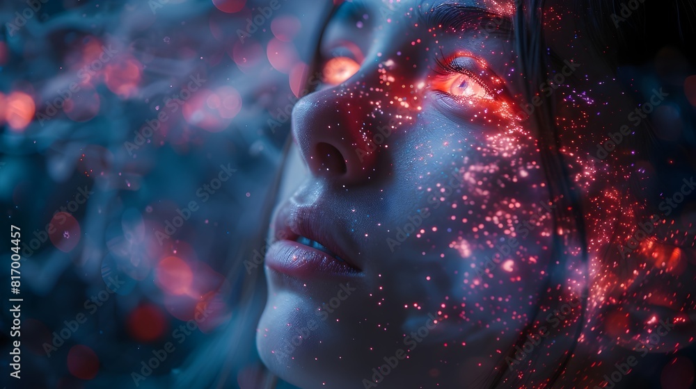 Poster telepathic communication in a futuristic lab with soft glowing lights and ethereal atmosphere
