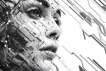 Black and White AI Line Art Illustration with Circuitry Design