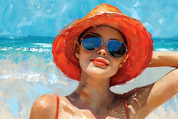 Stylized Portrait of Woman Sunbathing at the Beach