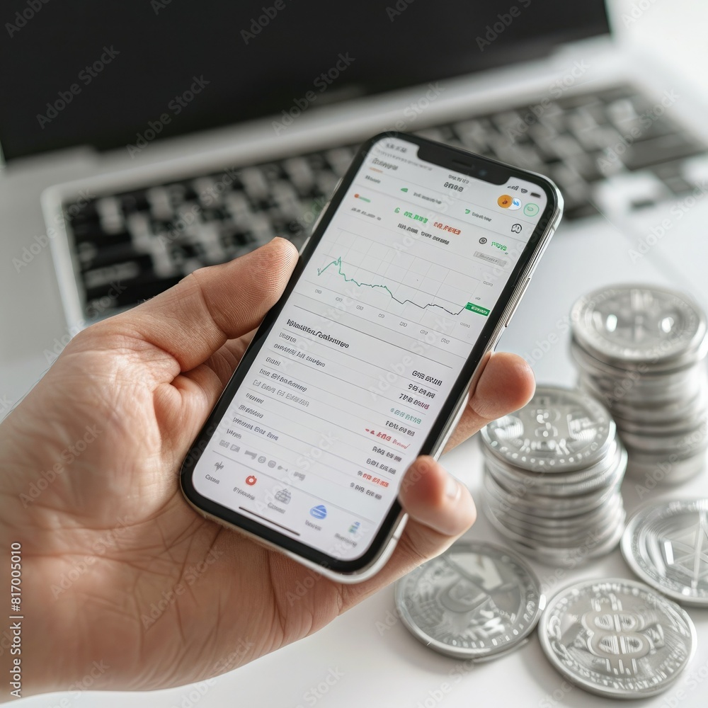 Poster A hand holding a smartphone displaying a trading app with a stack of silver coins and a bullish chart in the background.