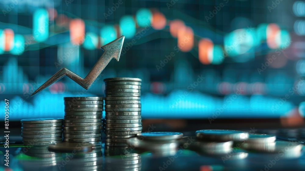 Aufkleber An upward arrow superimposed on a trading chart background with a stack of silver coins at the base, symbolizing financial growth. 