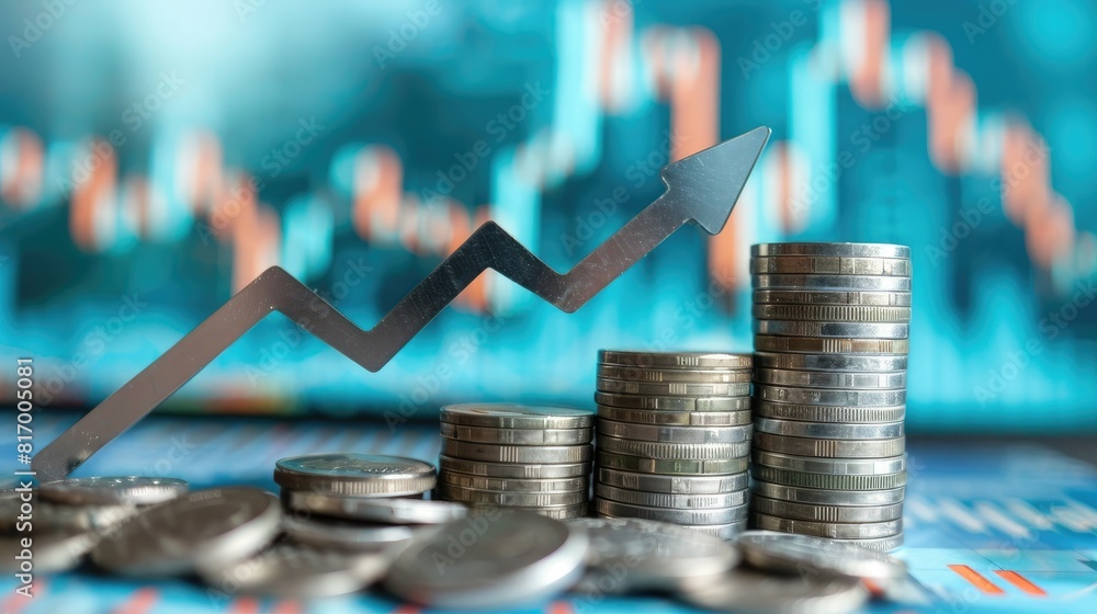 Poster An upward arrow superimposed on a trading chart background with a stack of silver coins at the base, symbolizing financial growth. 