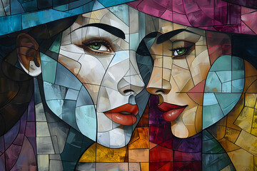 Modern Cubist Portrait of Two Women with Colorful Geometric Patterns