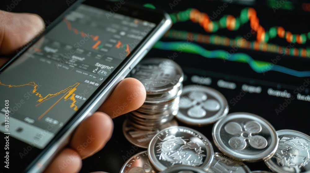 Poster A hand holding a smartphone displaying a trading app with a stack of silver coins and a bullish chart in the background. 