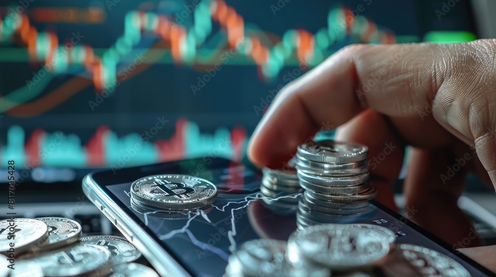 Aufkleber A hand holding a smartphone displaying a trading app with a stack of silver coins and a bullish chart in the background. 