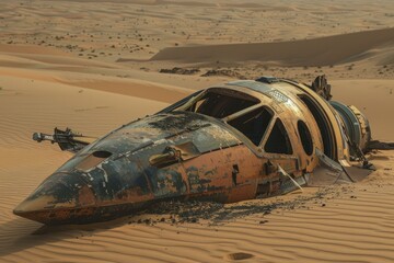 Derelict spaceship lies halfburied in the sandy dunes of a vast desert, under a warm, hazy sky