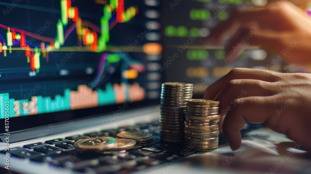 Fototapete A person using a laptop to monitor stock performance with a stack of silver coins placed next to the keyboard and a trading chart on the screen. 